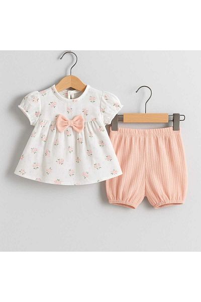 Midani Store 2 Piece Summer Baby Girl Set – Floral Blouse and Shorts with Bow – 6-18 Months