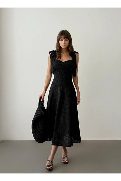 Misscix Women's Evening Dress Motif Embroidered Thick Tie-Up Strap Midi Dress - Evening & Homecoming Dress