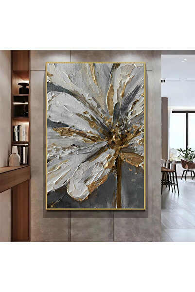 Harikabirev HARİKABİREV|GOLD GRİ SOYUT ÇİÇEK MODELİ ( CKD-144) |ÇERÇEVELİ KANVAS TABLO CKDİKEY