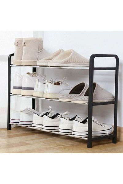 PUFO Suport pentru pantofi cu 3 rafturi, pliabil, 45 cm, negru