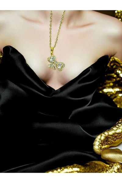 Herşey Nota Bow Detailed Zircon Heart Stone Women's Necklace – Gold Color Stainless Steel, 55 cm Romantic Design