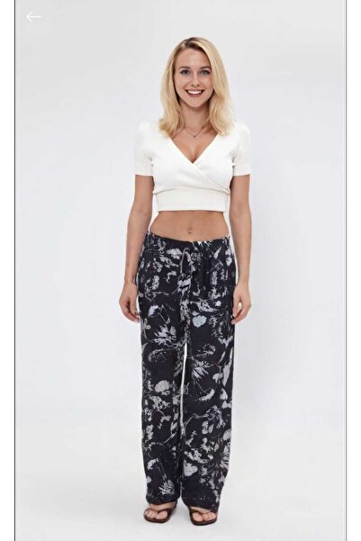 SSO Black and White Patterned Elastic Waist Decorative Lace Detailed Wrinkled...