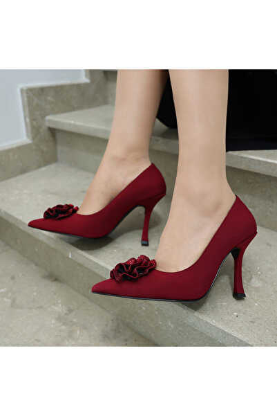 EVASAMLİSHOESBAG Gül Aksesuarlı Bordo Stiletto
