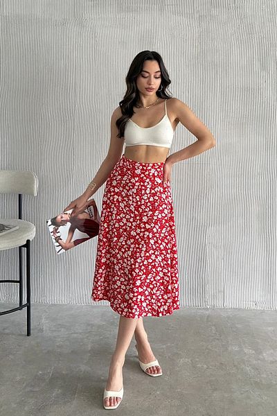 Mila Red Patterned Slit Midi Skirt