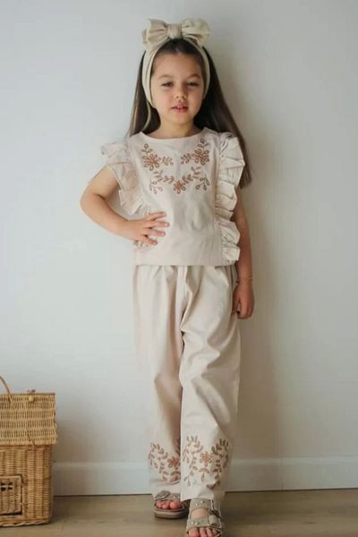 Kidmark Çocuk Modası Girl's Embroidered Cream Wide Leg Suit