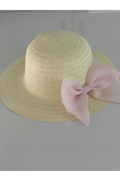 HİMENİSA Pink Bow Detailed Girl's Straw Bucket Hat