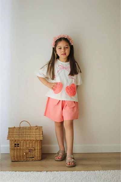 Kidmark Çocuk Modası Girl's Cherry Detailed Pomegranate Flower Shorts Set