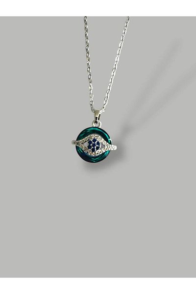 Herşey Nota Round Crystal Blue Evil Eye Bead Women's Necklace – Stainless Steel, 55 cm Sparkling Design