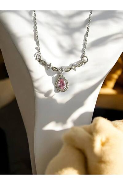 Herşey Nota قلادة نسائية موديل قطرة من حجر الزركون الوردي - 55 سم - ستانلس ست...