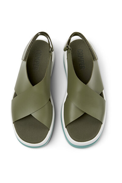 CAMPER Women’s Green Genuine Leather Sandals with Hook And Loop Straps and High Soles PelotasFlotaUp