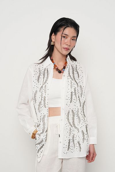 Orfeo Negro Women's Front Beaded Oversize Cut-Out Solid Color Shirt