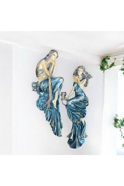 Peramari Dekoratif Polyester Duvara Asmalı İkili Kadın Figürü Tablo Turkuaz Eskitme