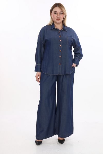 EXİTLİNE Women's Double Navy Blue Orange Summer Suit Top Trousers