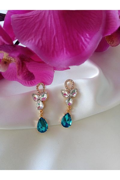 Pervin Ablacım Gold Dangle Showy Earrings with White and Turquoise Colored Stones