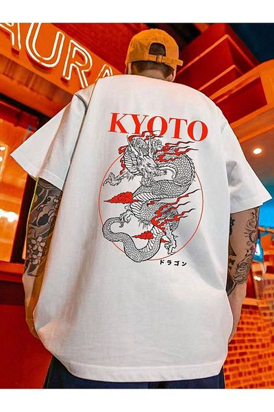 Boi Μπλουζάκι Kyoto Dragon - Λευκό εμπριμέ κοντό μανίκι με λαιμόκοψη