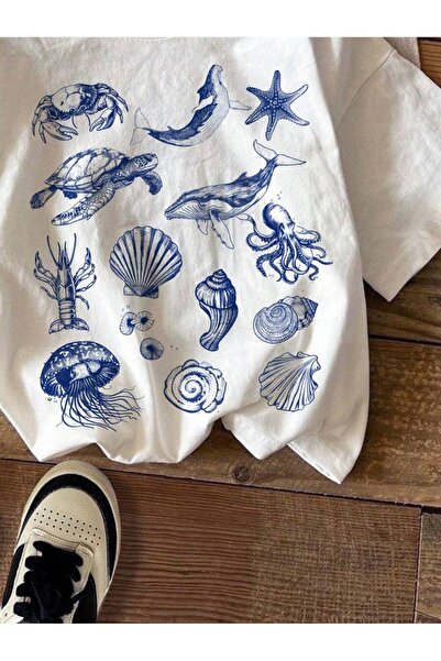 ELNOYA Unisex Cotton White Oversize "Sea Creatures" Printed Children's Comfortable Daily T-Shirt