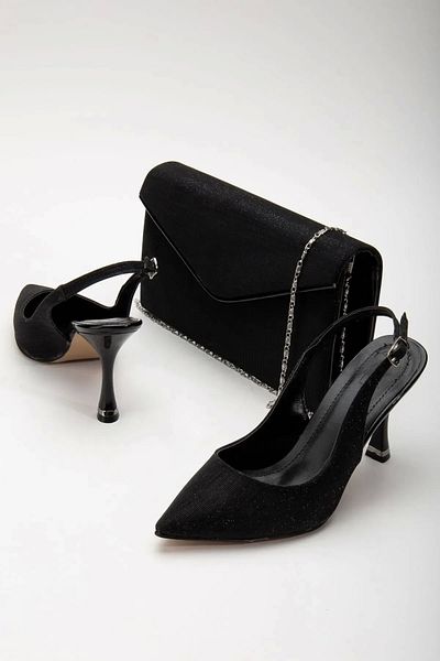 GULT Women's Pointed Toe Shiny Evening Shoes and Bag Black