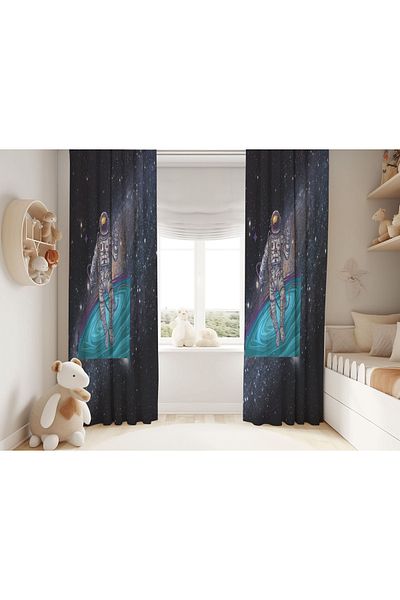 Şen Dekorasyon Space and Astronaut Children's Background Curtain
