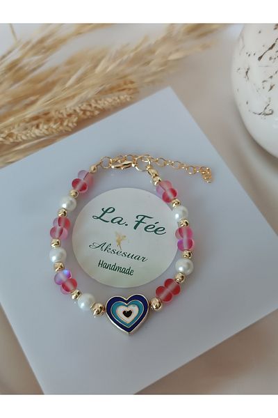 La fee aksesuar Natural Stone & Pearl Bracelet Pink Frosted Quartz Heart Evil Eye Intermediate Apparatus