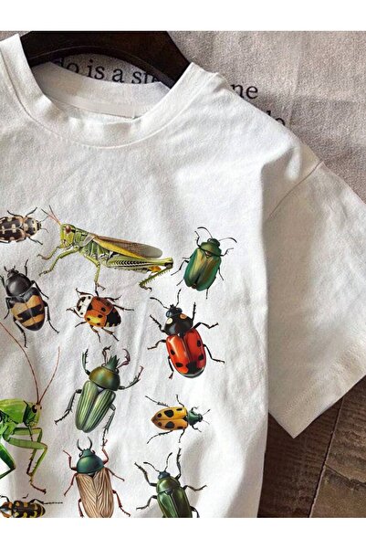 ELNOYA Unisex Cotton White Oversize "Insect" Printed Children's Comfortable Daily T-Shirt
