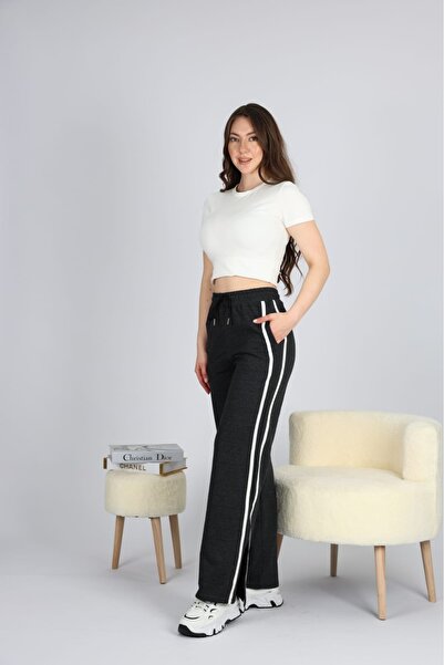 Bonne Maison Women's Smoked Striped Slit High Waist Wide Leg Sweatpants
