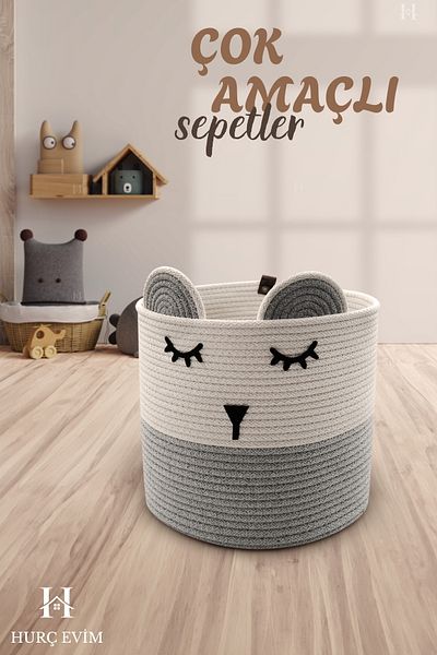 HURCEVİM Gray Jute Rope Panda Designed Multi-Purpose Children's Room Toy Clothes Dirty Basket Organizer 26 X 26 cm