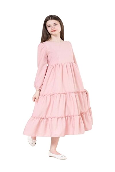 GÜLÜCÜK Gülücük Kids G01641-428 Kız Çocuk Kesme Keten Desenli Elbise - Gülücük - Pembe-11 YAŞ