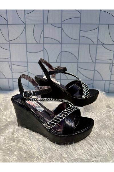 Anıl Ayakkabı Lg 302 Women's Black Plaster Pattern Cross Single Band Detail Stone Wedge Heel Daily Evening Dress Stylish Shoes