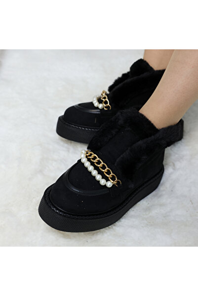 EVASAMLİSHOESBAG Süet İnci Detaylı Kürklü Kadın Bot Siyah