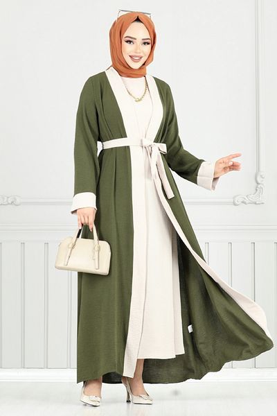 ModaMerve Waist Belted Abaya Set 0339Bgs895-M Khaki