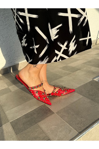 BURCU COLLECTİON Alice Pointed Toe Red Women's Slippers with Gold Drop Accessories