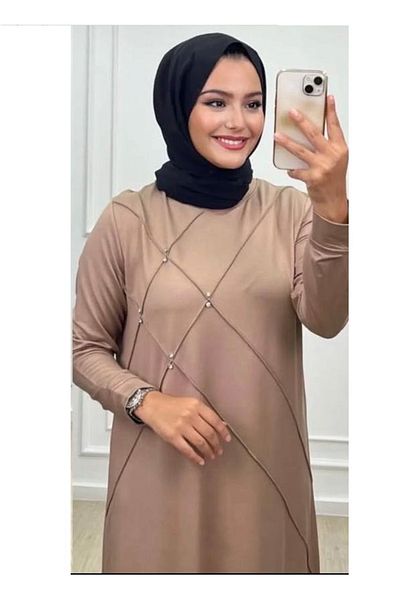CELTMODA Γυναικείο Πέτρινο Λεπτομερές ίσιο μακρύ χτενισμένο φόρεμα - Mink
