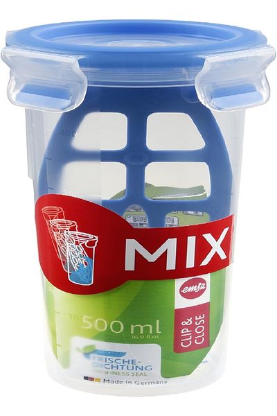 emsa Clip & Close Mixing Jar 0.5L – Transparent/Blue, BPA-Free, Leak-Proof (508555)