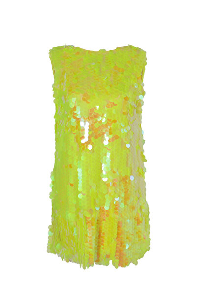 boucles Neon Sarı V Yaka Tam Payetli Mini Özel Dikim Elbise