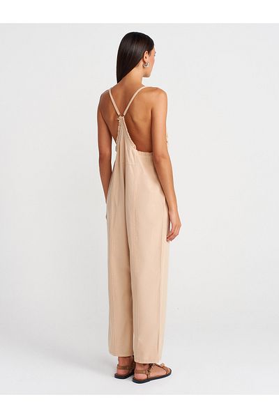 Dilvin 71031 Drawstring Detailed Jumpsuit-Beige