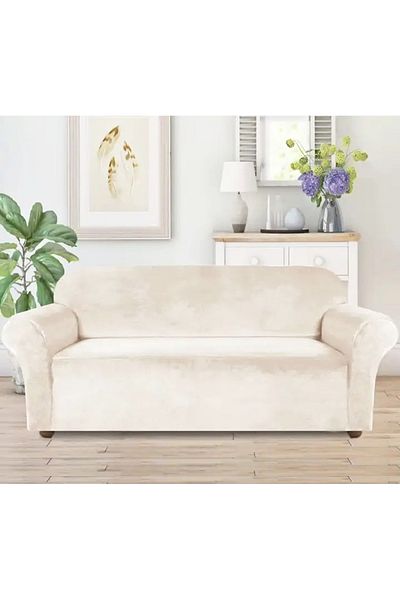 OEM Husa universala pentru canapea standard cu 3 locuri, imitatie catifea, culoare BEJ
