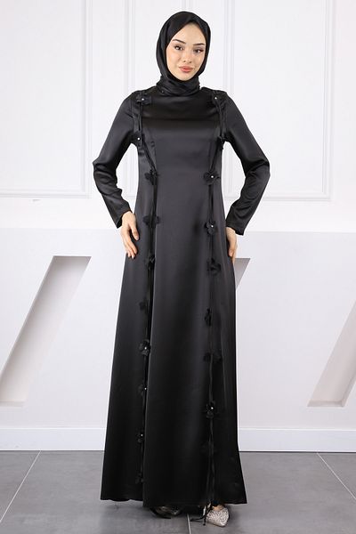 İmajButik Μαύρο λουλούδι λεπτομερές σατέν βραδινό φόρεμα