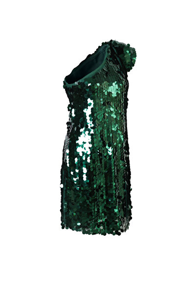 boucles Yeşil Tek Omuz Payetli Mini Özel Üretim Elbise