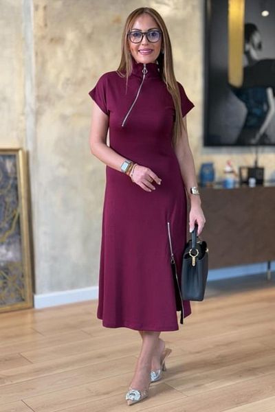 Viyamo Rochie de damă, cu mânecă scurtă, din viscoză, cu două fire, cu guler și fermoar la tiv