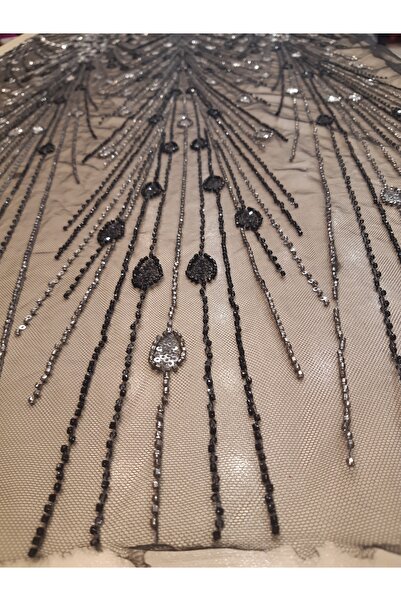 Safir Kumaş Top Sonu Siyah Ve Gri İşlemeli 60 cm Lik Parça