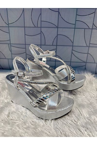 Anıl Ayakkabı Lg 302 Silver Gray Plaster Pattern Cross Single Band Detail Stone Filled Heel Daily Evening Dress Stylish Shoes