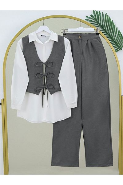 Modamorfo Tie Front Vest Trousers Double Set - Anthracite