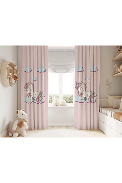 Şen Dekorasyon Unicorn and Clouds Children's Background Curtain
