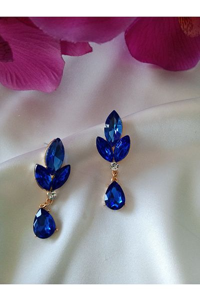Pervin Ablacım Gold Hanging Steel Earrings with Blue Shiny Zircon Stone