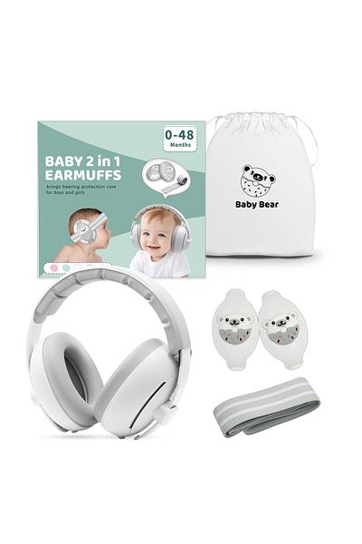 WePro Store 2-in-1 Baby Ear Muffs 3–48M – 25dB Noise Canceling, Soft & Classic Band, White Bear Design