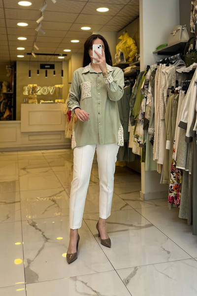 Vosse Sedna Mint Örgü Detaylı Keten Gömlek