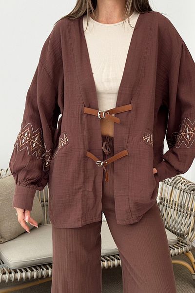 VAGGON Women's Brown Belt Detailed Embroidery Embroidered Balloon Sleeve Muslin Kimono Vs00179