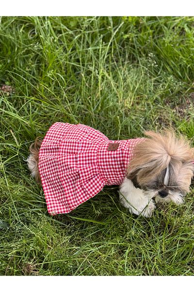 For a Fur Dog Dress Outfit Red Gingham Poplin Fabric Pleated Cat Dress