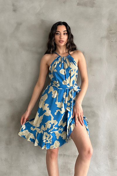 Mila Blue Patterned Belted Short Dress