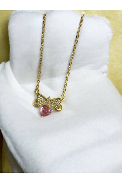 Herşey Nota قلادة نسائية على شكل قلب وردي مرصعة بحجر الزركون مع شكل فراشة – س...